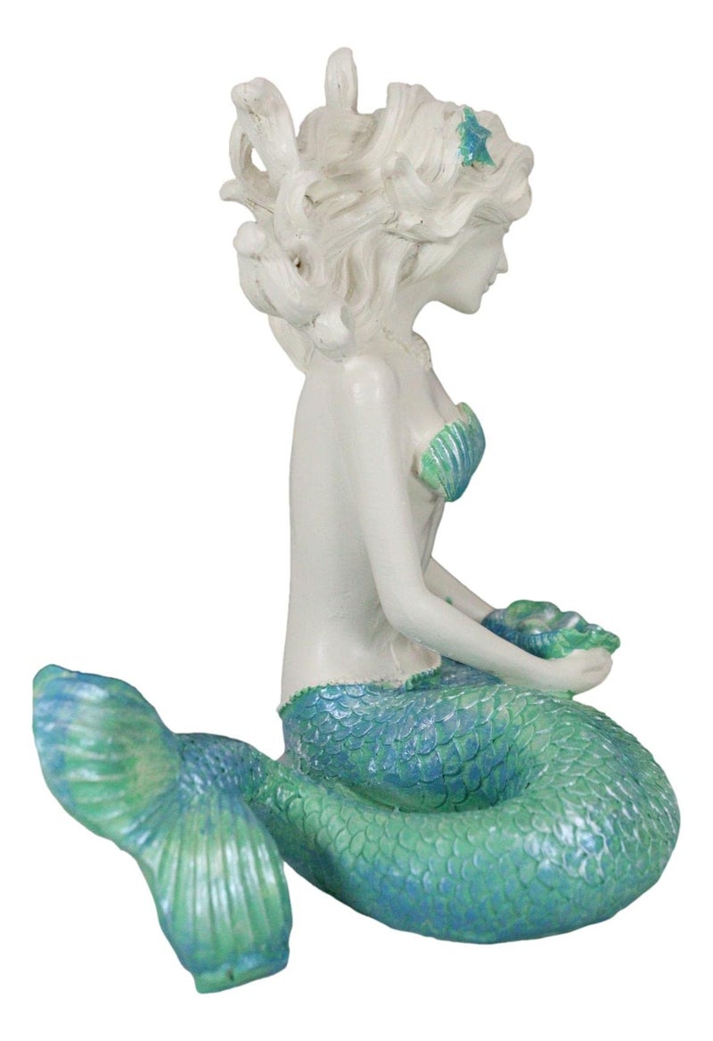Ebros Gift Nautical Capiz Blue Tailed Siren Mermaid with Seashell and Starfish Statue Ocean Aquamarine Princess Coastal Beach Under The Sea Decorative Accent (Holding Pearl Shell) - Image 4